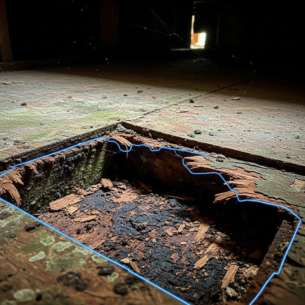 Rotten subfloor in an Athens, GA home, showing signs of water damage and decay.
