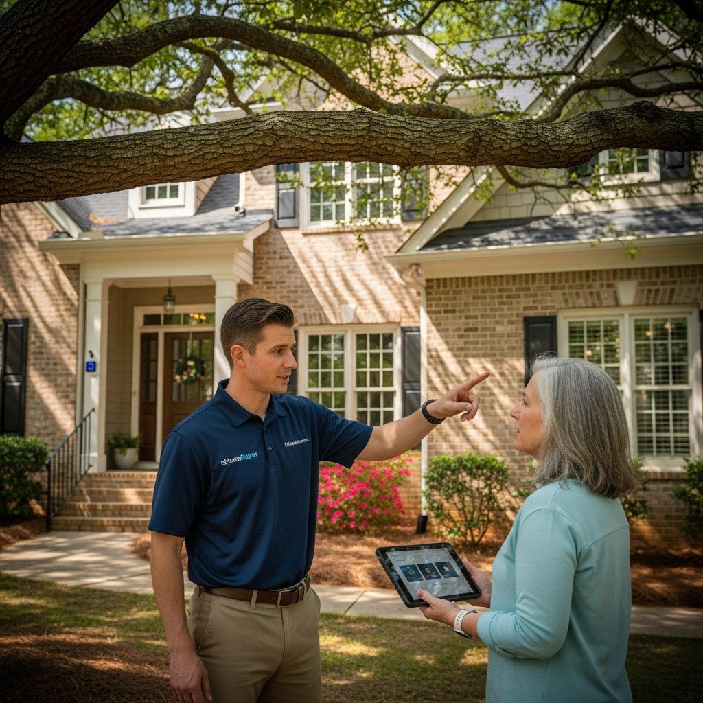 Smart Home Repair technician discussing tree removal options with homeowner in Athens, GA.