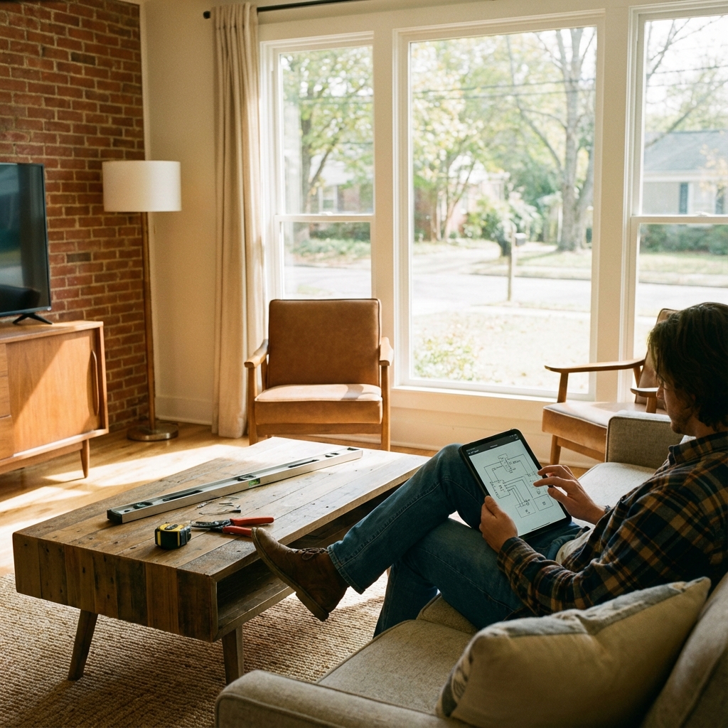 Woman using a tablet to plan a home improvement project in a renovated living room in Athens, GA, showcasing technology simplifying the DIY process.