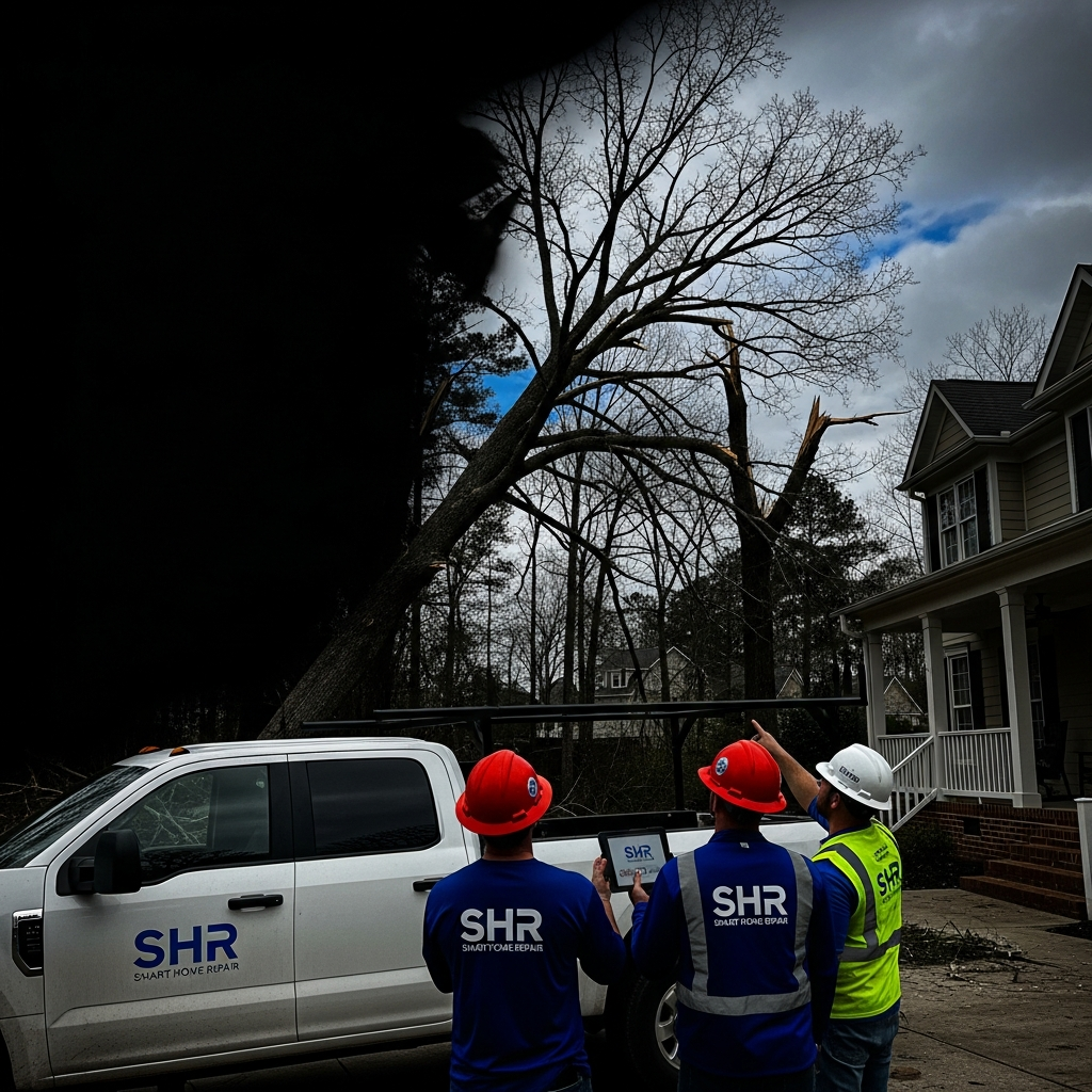 Storm-damaged tree leaning towards a house in Athens, GA, being assessed by Smart Home Repair tree removal crew.