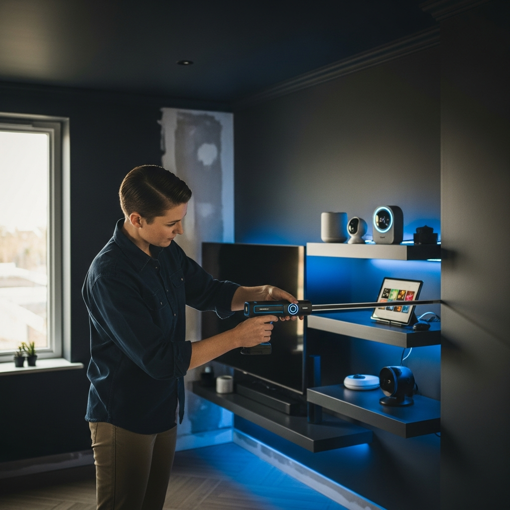 Homeowner using laser measuring tool during renovation by Smart Home Repair in Athens GA