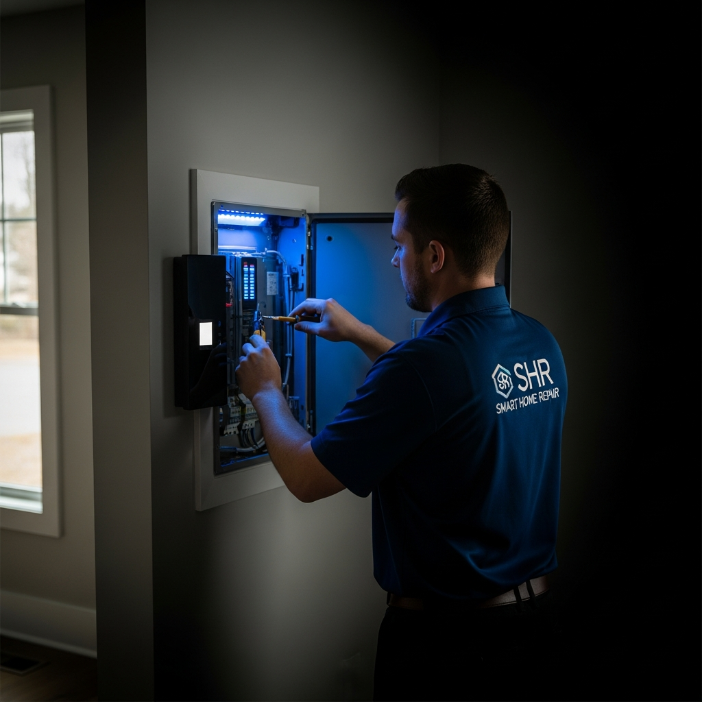 Smart Home Repair technician installing a smart electrical panel in an Athens, GA home