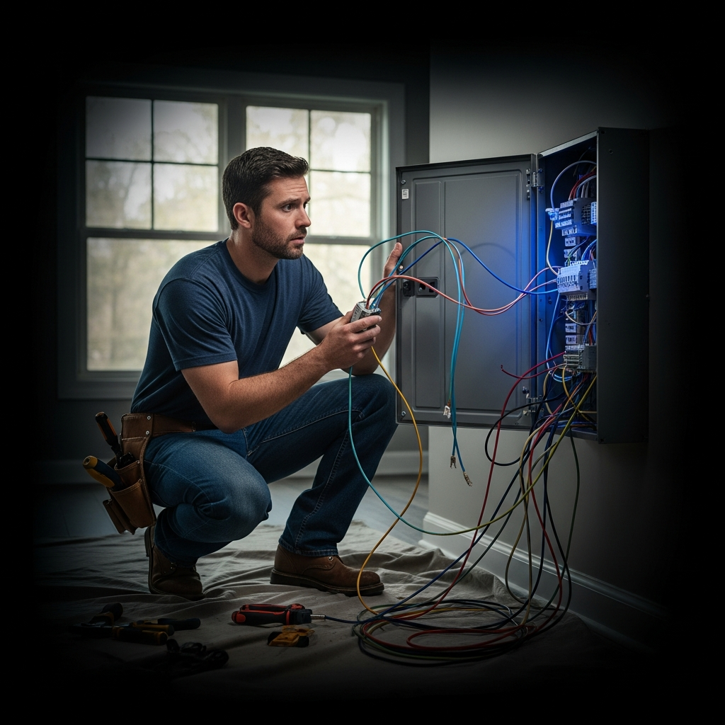 DIY electrical panel installation hazard in Athens, GA. Smart Home Repair electrician inspecting unsafe wiring.