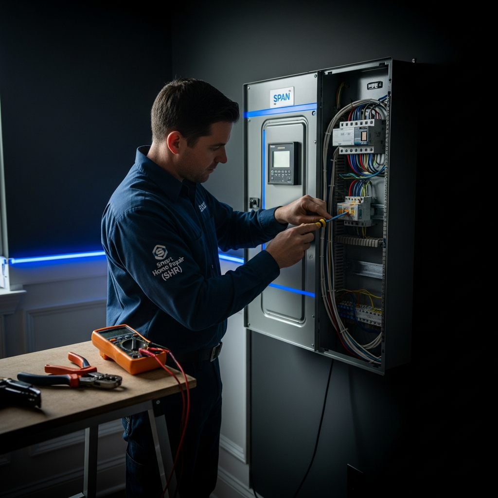Professional electrician installing a smart electrical panel in an Athens, GA home by Smart Home Repair.