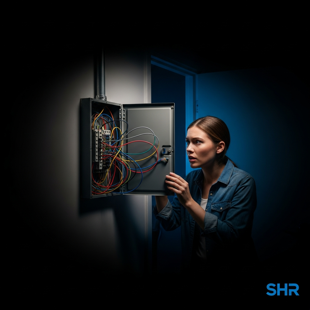 Homeowner nervously looking at an open electrical panel - DIY electrical panel installation is a bad idea.