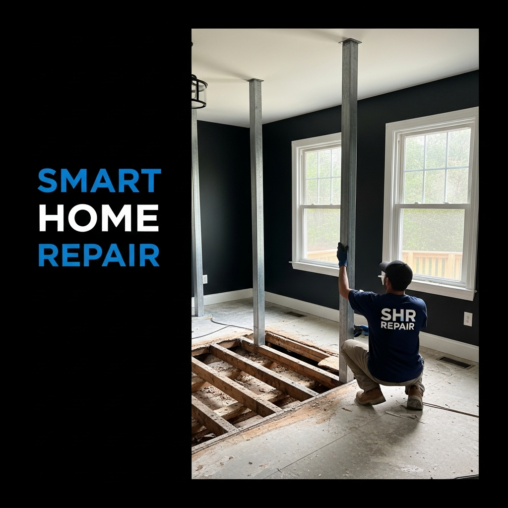 Smart Home Repair technician reinforcing subfloor in Athens, GA home.