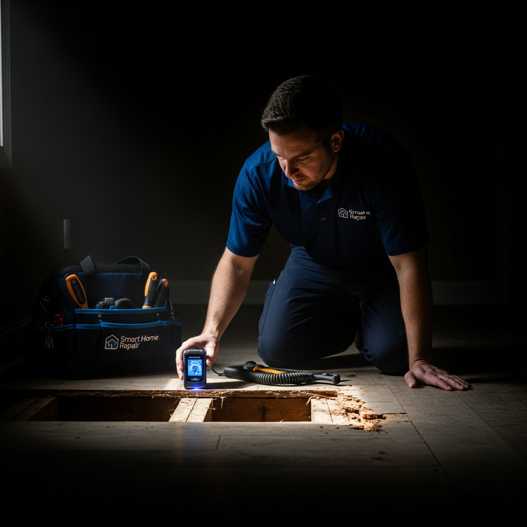 Smart Home Repair tech inspecting a damaged subfloor in Athens, GA.