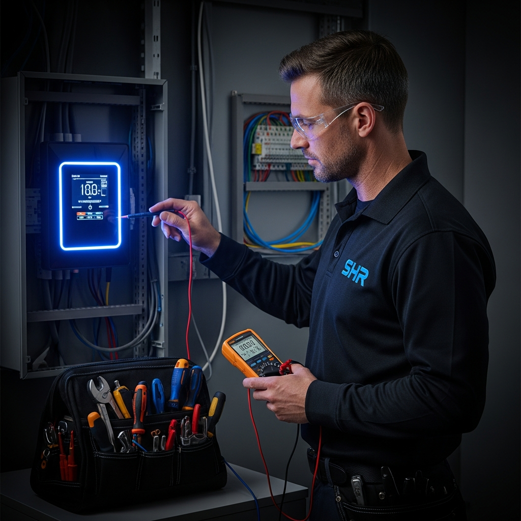 Electrician inspecting a smart electrical panel in Athens, GA by Smart Home Repair.
