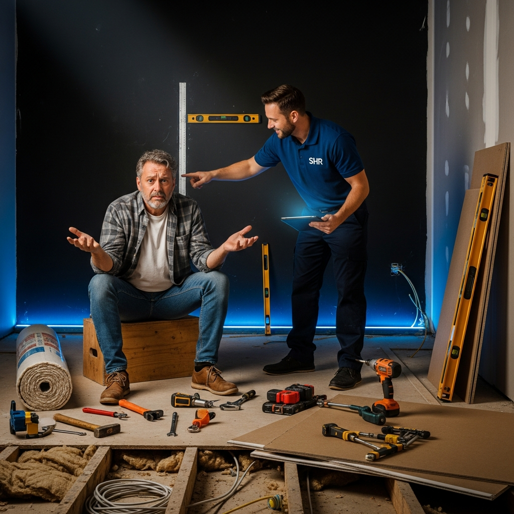 Frustrated homeowner being helped by Smart Home Repair technician with subfloor repair in Athens, GA