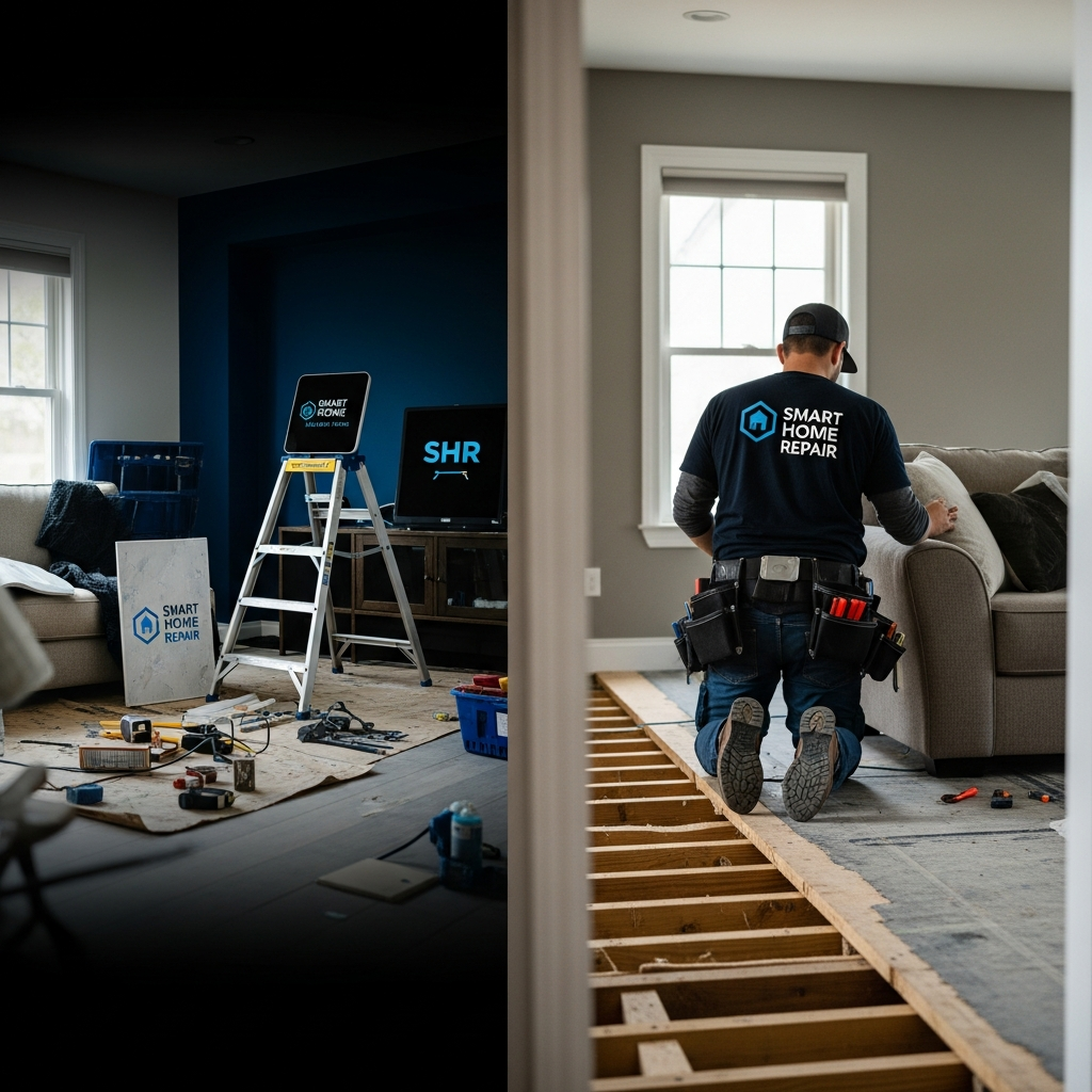 Smart Home Repair technician installing smart home devices and repairing subfloor in Athens, GA home.