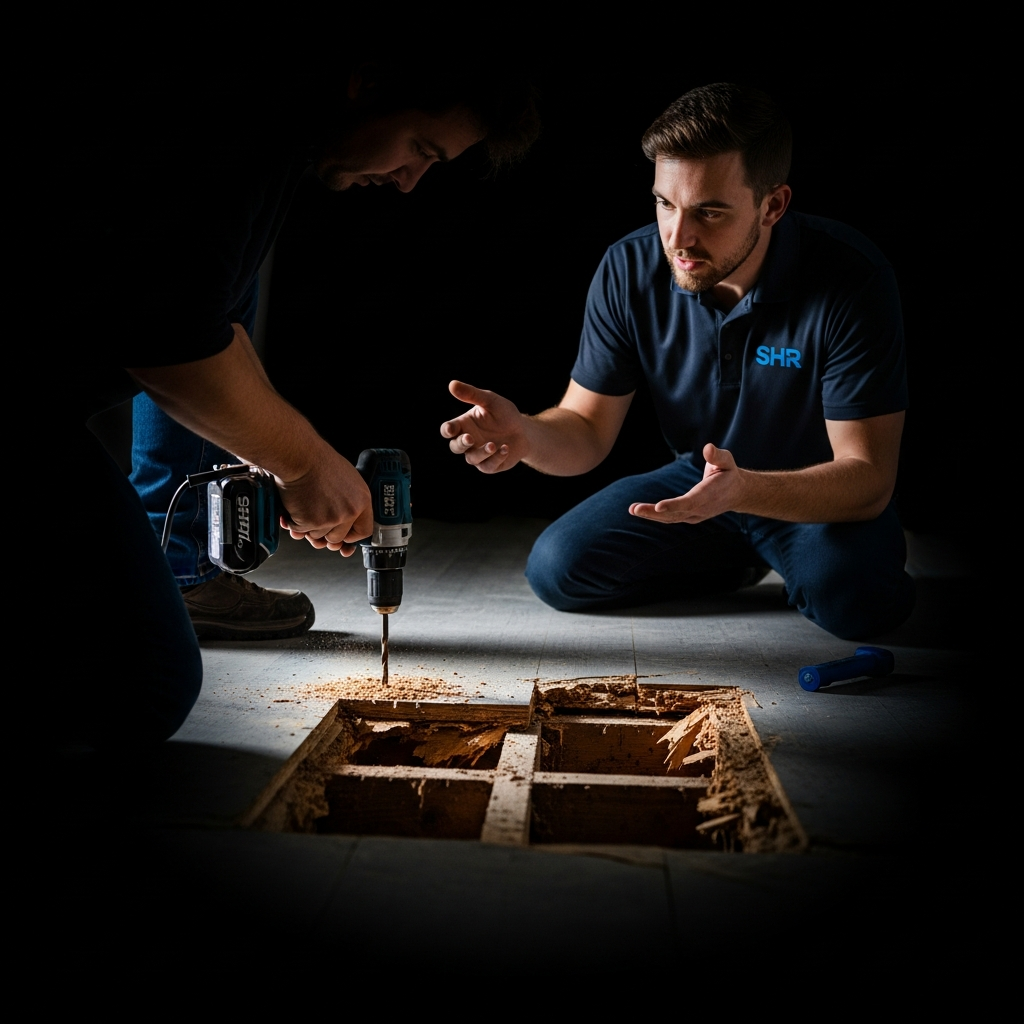 Smart Home Repair technician assisting with subfloor repair in Athens, GA
