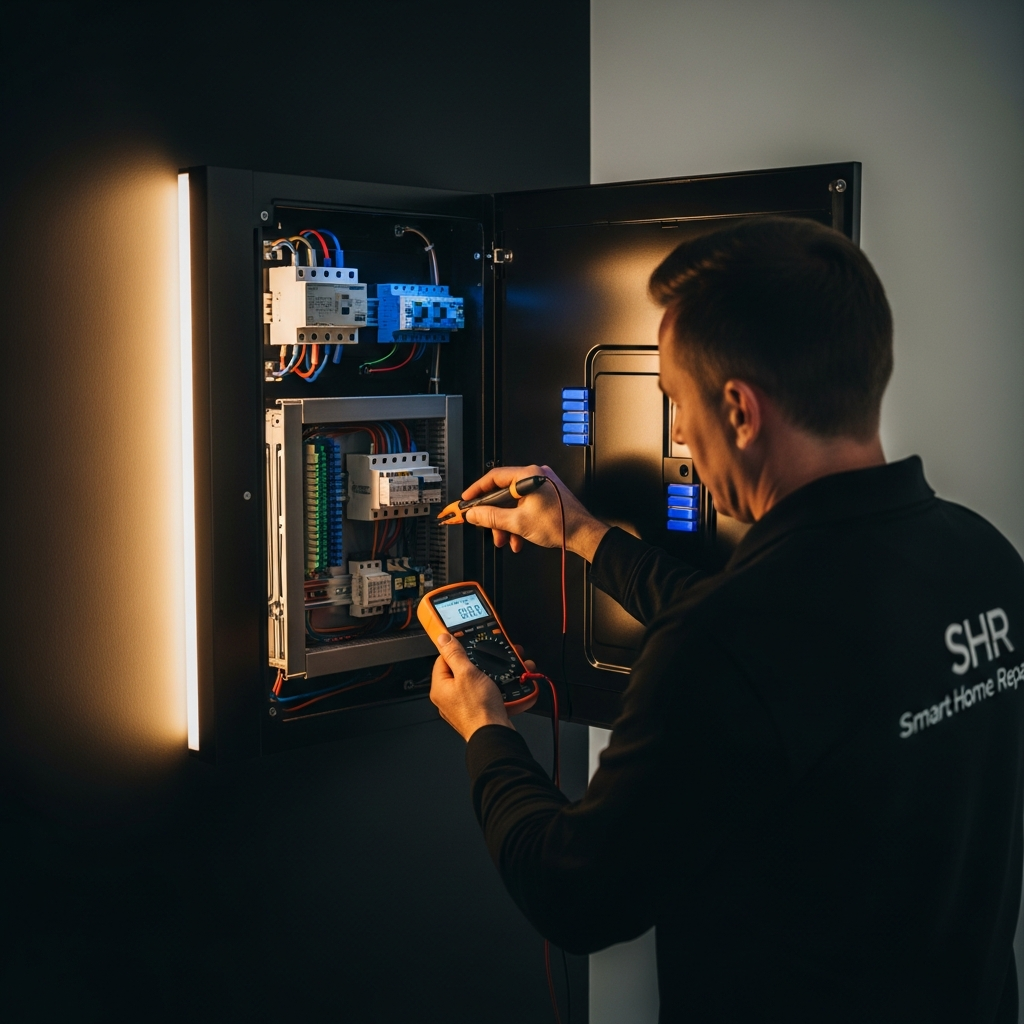 Smart Home Repair electrician installing a smart electrical panel in an Athens, GA home.