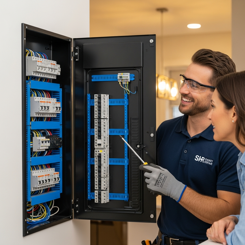Smart Home Repair electrician installing a smart electrical panel in Athens, GA