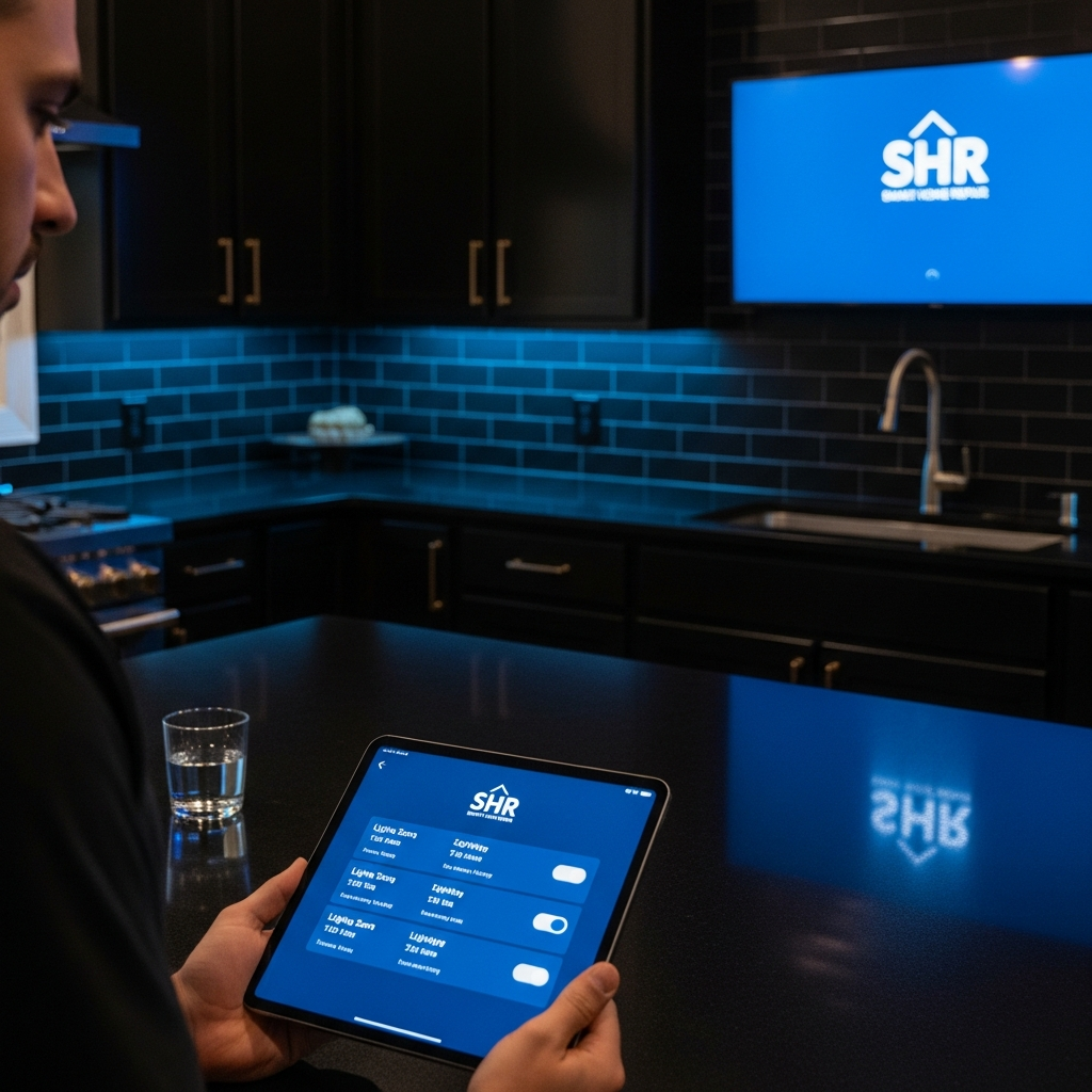 Smart Home Repair: Woman using a tablet to control smart lighting in a modern Athens, GA kitchen.