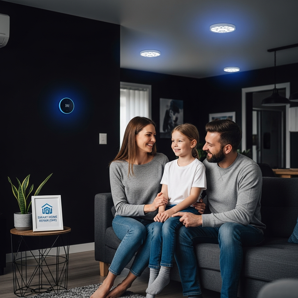 Smart Home Repair logo over a modern home with connected smart devices in Athens, GA.