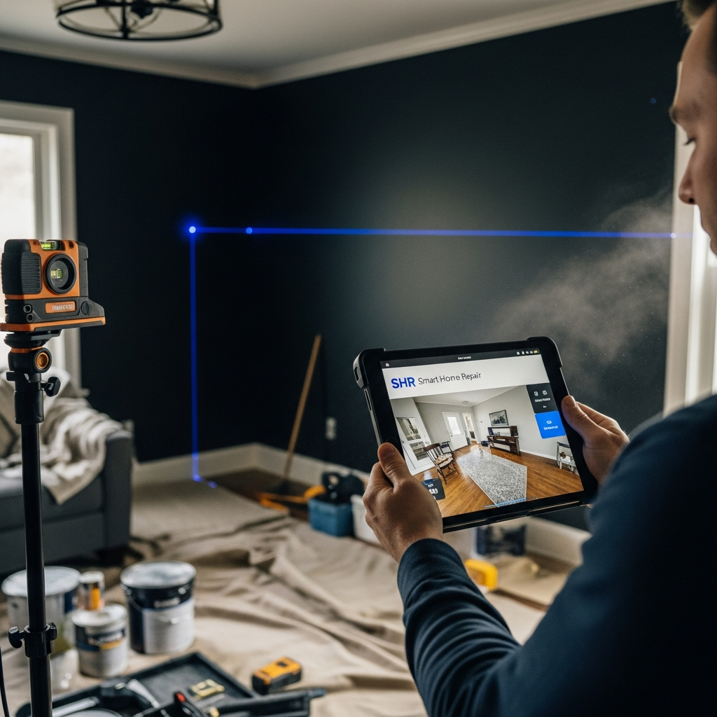 Smart Home Repair: Homeowner planning renovation with tablet and laser level in Athens, GA