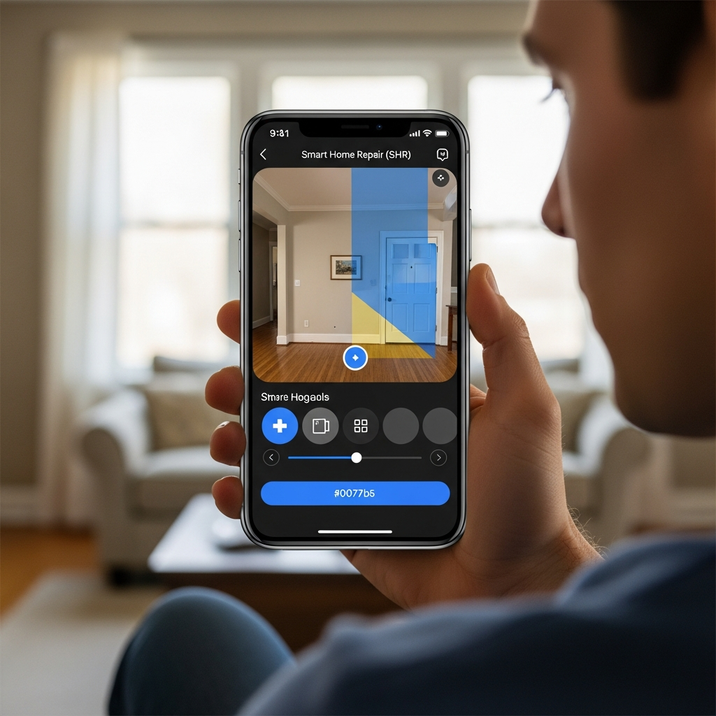 Homeowner using laser distance measurer during remodel in Athens, GA. Smart Home Repair (SHR) Branding.