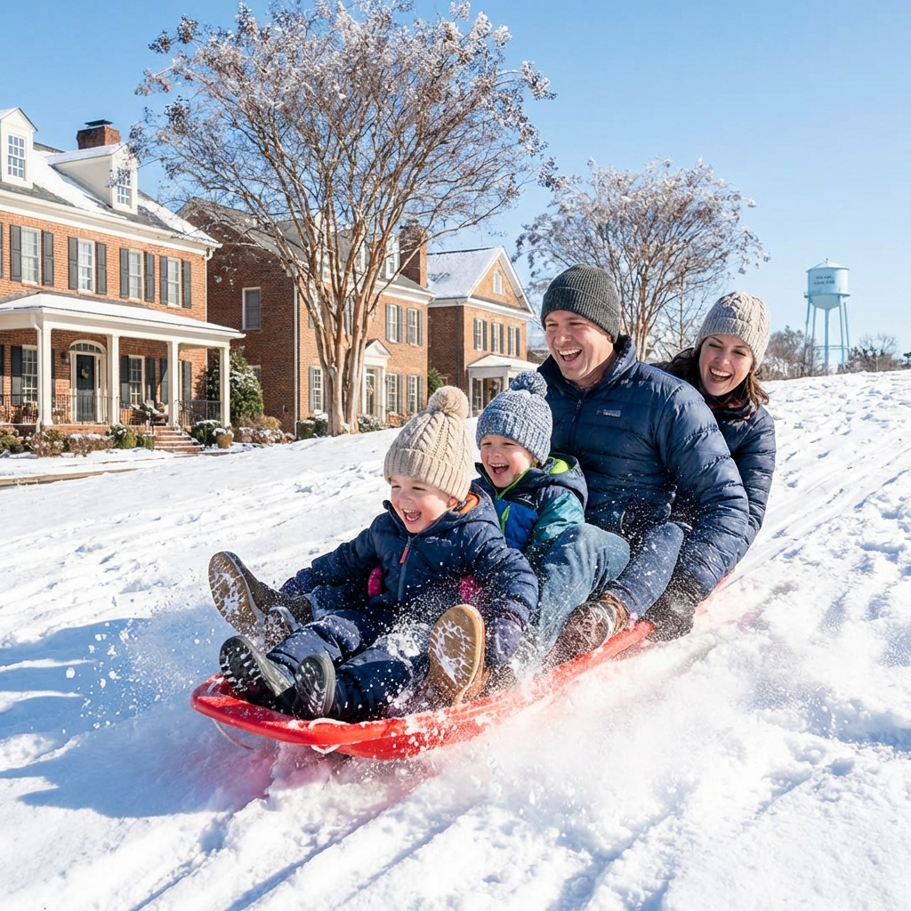 Happy family sledding in Athens GA